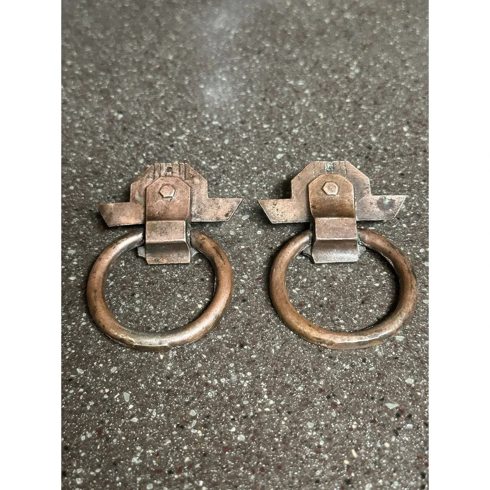 Antique Art Deco Ring Drawer Pulls Set of‎ 2 Copper Brass Tone Cabinet Hardware
